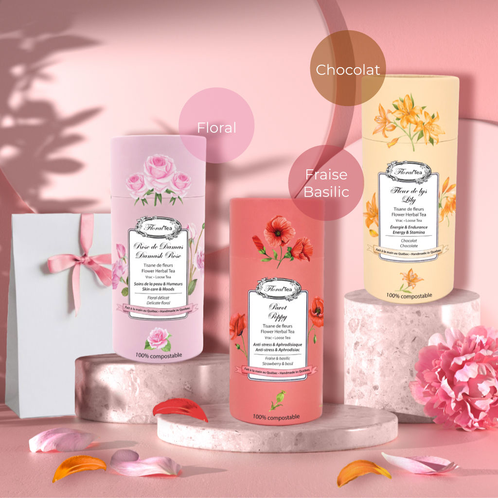 Trio Romance - Les thés FloralTea - Rose de Damas, Pavot et Fleur de Lys - le parfait cadeau de la Saint-Valentin et en toute occasion pour dire je t'aime