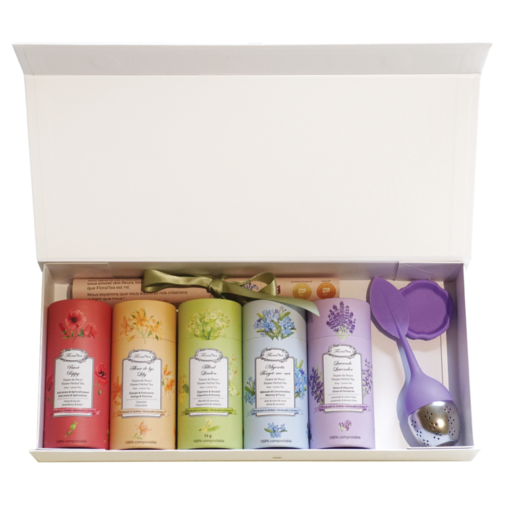 Coffret de 5 tubes de tisanes en vrac au choix + 1 infuseur individuel au choix