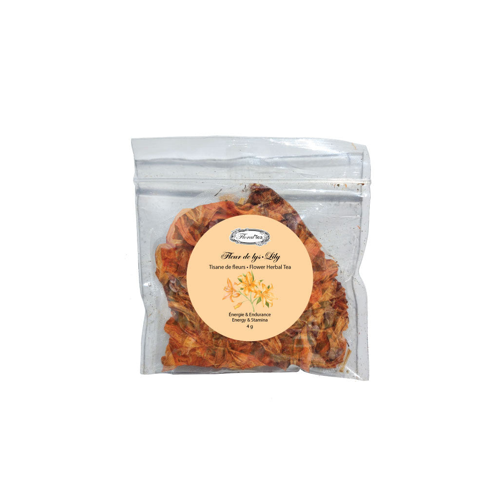 Sac échantillon compostable du mélange de tisane de fleur de lys de Les thés FloralTea gourmet et santé fait à la main au Québec avec des plantes médicinales pour accroitre énergie, performance et endurance, tant physique que mentale, permettant de lutter contre les coups de fatigue et de booster la vitalité. Végétalien, ingrédients naturels, biologiques ou sauvages, sans caféine