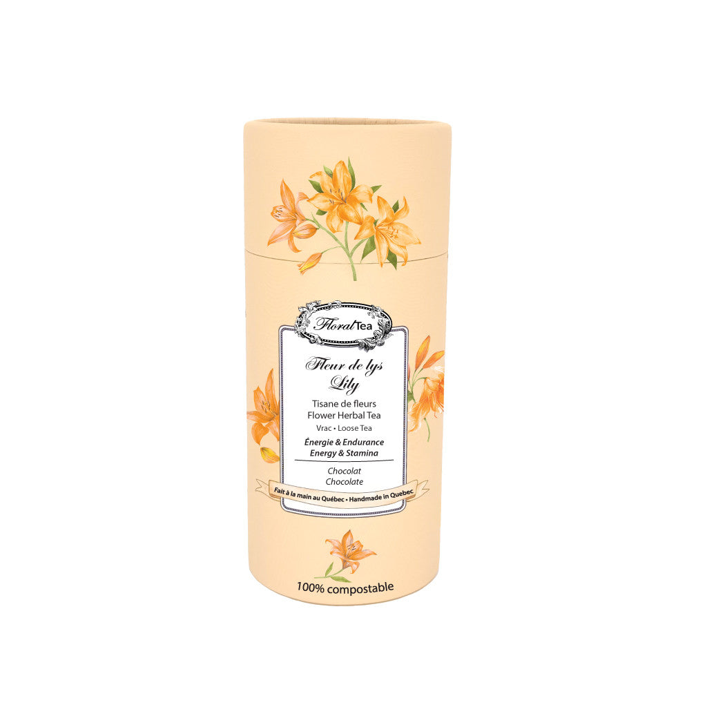 Tube de vrac compostable du mélange de tisane de fleur de lys de Les thés FloralTea gourmet et santé fait à la main au Québec avec des plantes médicinales pour accroitre énergie, performance et endurance, tant physique que mentale, permettant de lutter contre les coups de fatigue et de booster la vitalité. Végétalien, ingrédients naturels, biologiques ou sauvages, sans caféine.