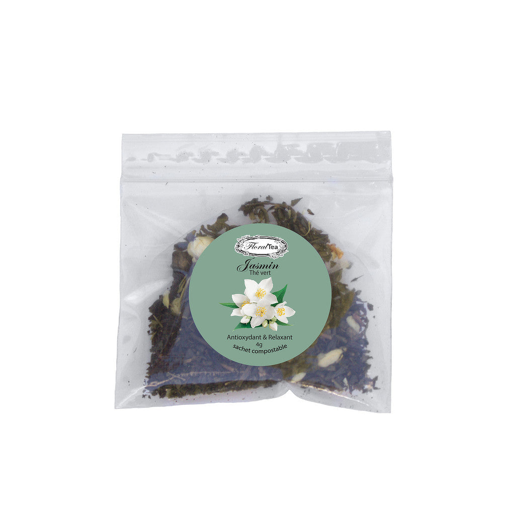 Sachet échantillon compostable du mélange de tisane de fleurs thé vert au jasmin de Les thés FloralTea gourmet et santé fait à la main au Québec avec plantes médicinales pour aider à la relaxation et hautes en antioxydant. Végétalien, ingrédients naturels, biologique ou sauvages, sans caféine.
