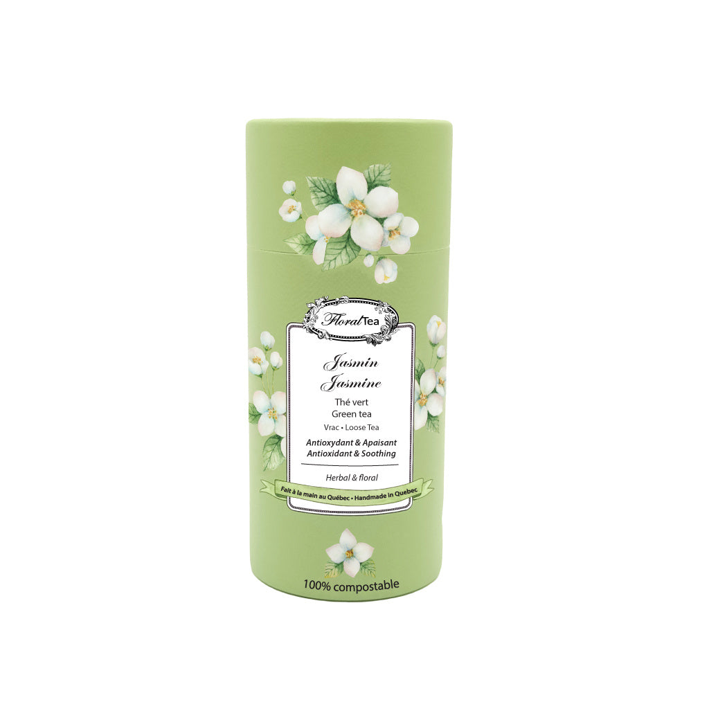 Tube de vrac compostable du mélange de thé vert au jasmin de Les thés FloralTea gourmet et santé fait à la main au Québec avec plantes médicinales pour aider à la relaxation et hautes en antioxydant. Végétalien, ingrédients naturels, biologique ou sauvages, sans caféine.
