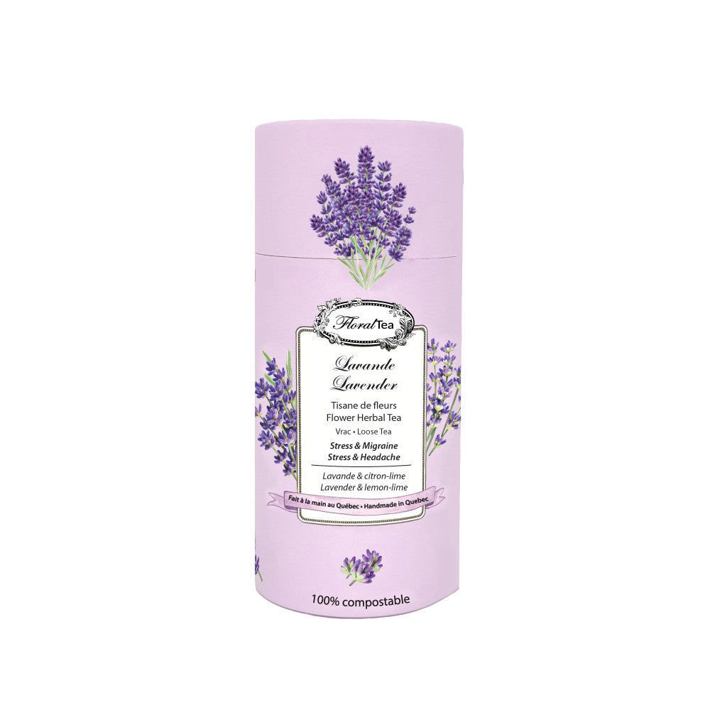 Tube de vrac compostable du mélange de tisane de lavande de Les thés FloralTea gourmet et santé fait à la main au Québec avec des plantes médicinales pour aider à soulager le stress et à calmer tension, irritabilité et migraine d’origine nerveuse. Végétalien, ingrédients naturels, biologiques ou sauvages, sans caféine.