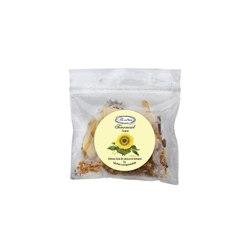 Sachet échantillon compostable du mélange de tisane de fleur de Tournesol de Les thés FloralTea gourmet et santé fait à la main au Québec avec plantes médicinales pour assainir le foie et la vésicule biliaire. Végétalien, ingrédients naturels, biologique ou sauvages, sans caféine.