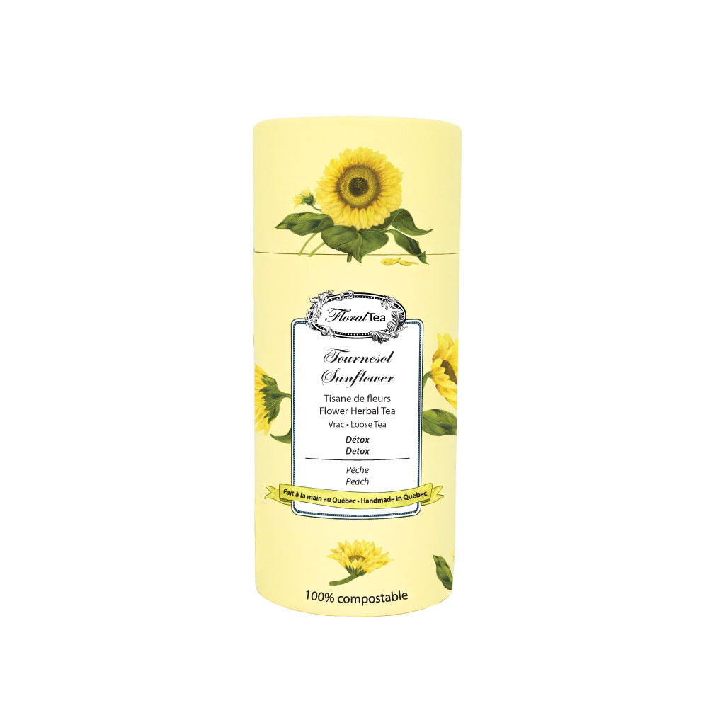 Tube de vrac compostable du mélange de tisane de fleur de Tournesol de Les thés FloralTea gourmet et santé fait à la main au Québec avec plantes médicinales pour assainir le foie et la vésicule biliaire. Végétalien, ingrédients naturels, biologique ou sauvages, sans caféine.