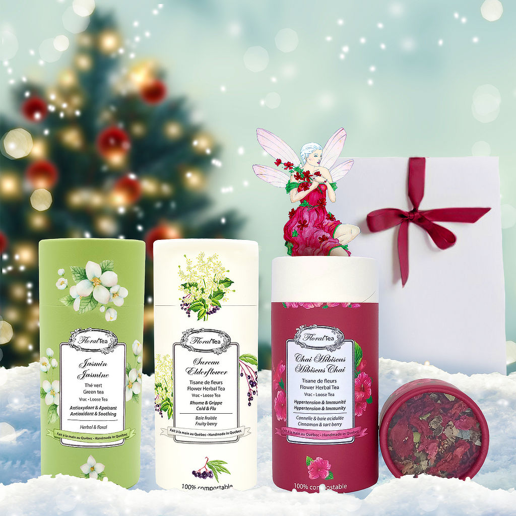 Trio des fêtes de Noël - Les thés FloralTea. 3 mélanges aux couleurs, saveurs et bienfaits de saison: tisane de sureau, tisane Chai Hibiscus et thé vert au Jasmin.