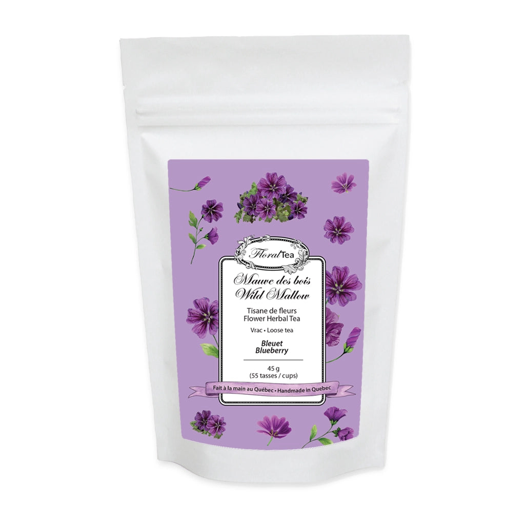 Sac de recharge du mélange de tisane de Mauve des bois de Les thés FloralTea gourmet et santé fait à la main au Québec avec plantes médicinales aux bienfaits anti-inflammatoire et antioxydant. Végétalien, ingrédients naturels, biologique ou sauvages, sans caféine.