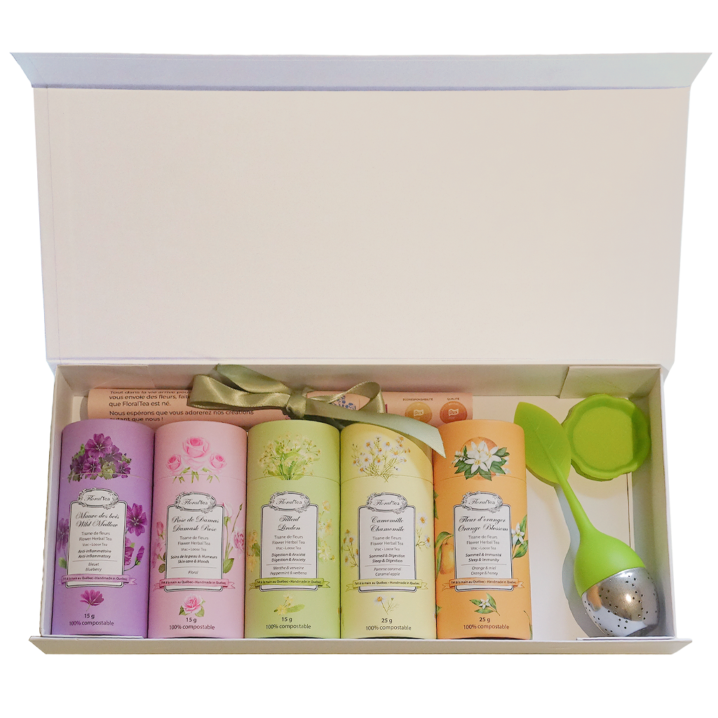 Les thés FloralTea Coffret de 5 tubes de tisanes meilleurs vendeurs + 1 infuseur individuel de couleur vert. Le coffret réutilisable peux être rempli à nouveau avec les tubes compostables de votre choix vendus à l'unité.