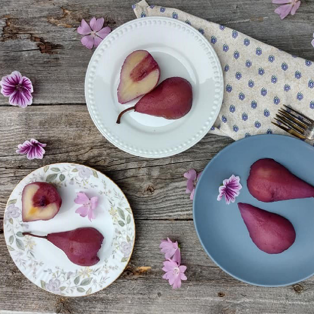 Recette de poire pochée à la tisane de mauve des bois - Recipe for poached pears with wood mallow tea - FloralTea