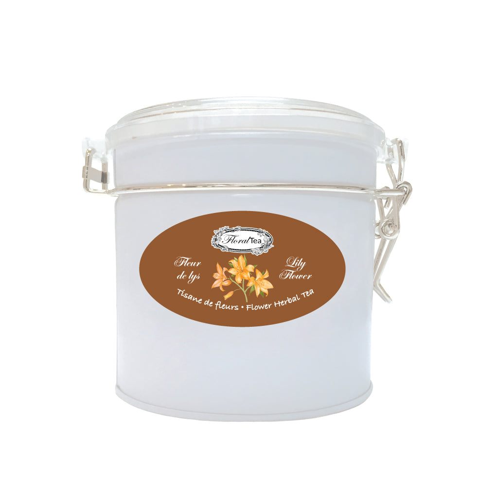 Boîte de vrac réutilisable du mélange de tisane de fleur de lys de Les thés FloralTea gourmet et santé fait à la main au Québec avec des plantes médicinales pour accroitre énergie, performance et endurance, tant physique que mentale, permettant de lutter contre les coups de fatigue et de booster la vitalité. Végétalien, ingrédients naturels, biologiques ou sauvages, sans caféine.