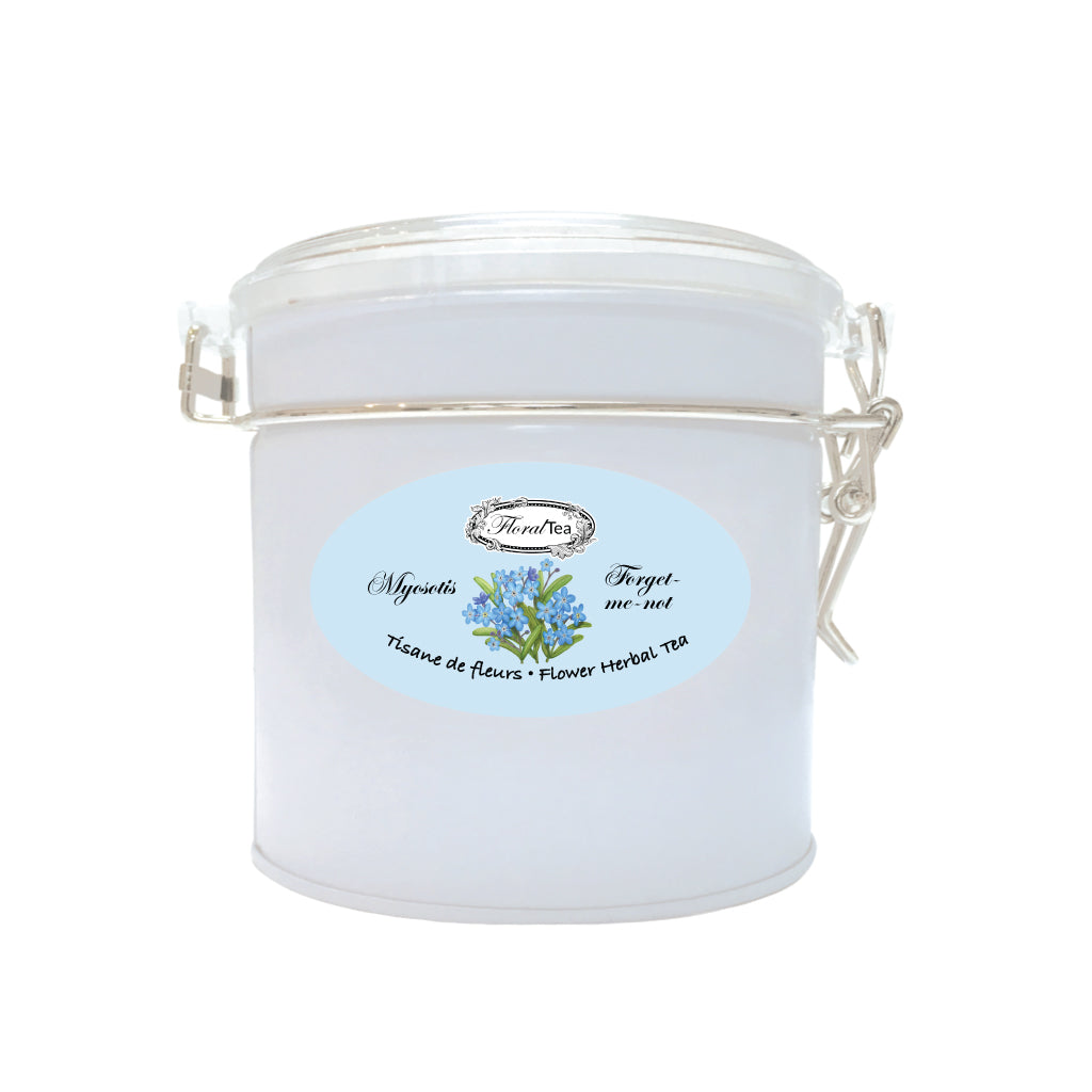 Boîte de vrac réutilisable du mélange de tisane de Myosotis de Les thés FloralTea gourmet et santé fait à la main au Québec avec plantes médicinales pour aider la mémoire et la concentration. Végétalien, ingrédients naturels, biologique ou sauvages, sans caféine.