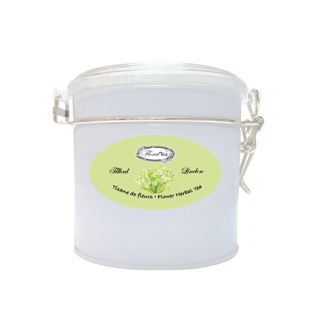 Boîte de vrac réutilisable du mélange de tisane de Tilleul de Les thés FloralTea gourmet et santé fait à la main au Québec avec plantes médicinales pour leurs vertus digestives et relaxantes, aidant à réduire le stress, l’anxiété et la pression artérielle. Végétalien, ingrédients naturels, biologique ou sauvages, sans caféine.