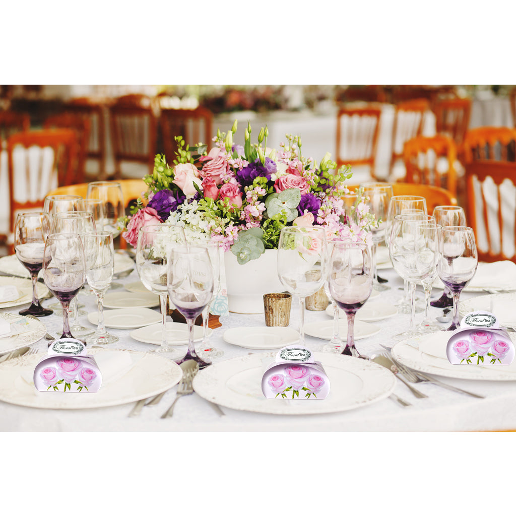 idée cadeau réception, mariage et bonbonnières, ballotin événementiel de 1 sachet de tisane de fleurs de Les thés FloralTea gourmet et santé fait à la main au Québec de Myosotis, Rose, Mauve des bois, Tilleul, Oranger et Tournesol