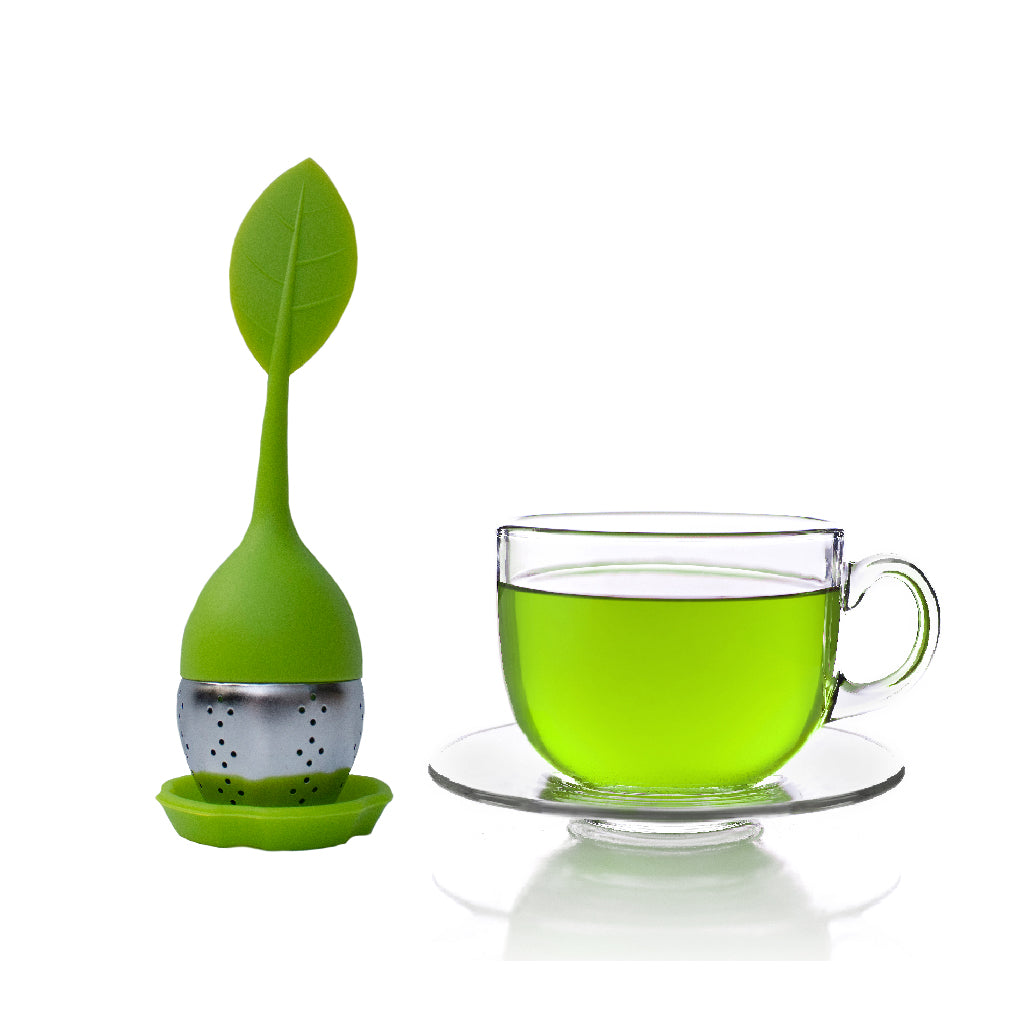 Infuseur individuel vert harmonisé aux couleurs de notre mélange et boîte de tisane de thé vert au jasmin et tisane de fleur de tilleul en vrac de Les thés FloralTea