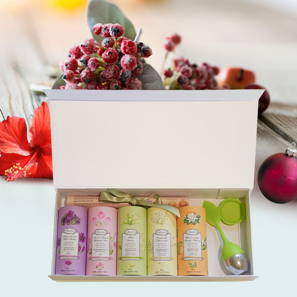 Les thés FloralTea - coffret de 5 tubes de tisanes en vrac selection meilleurs vendeurs + 1 infuseur au choix