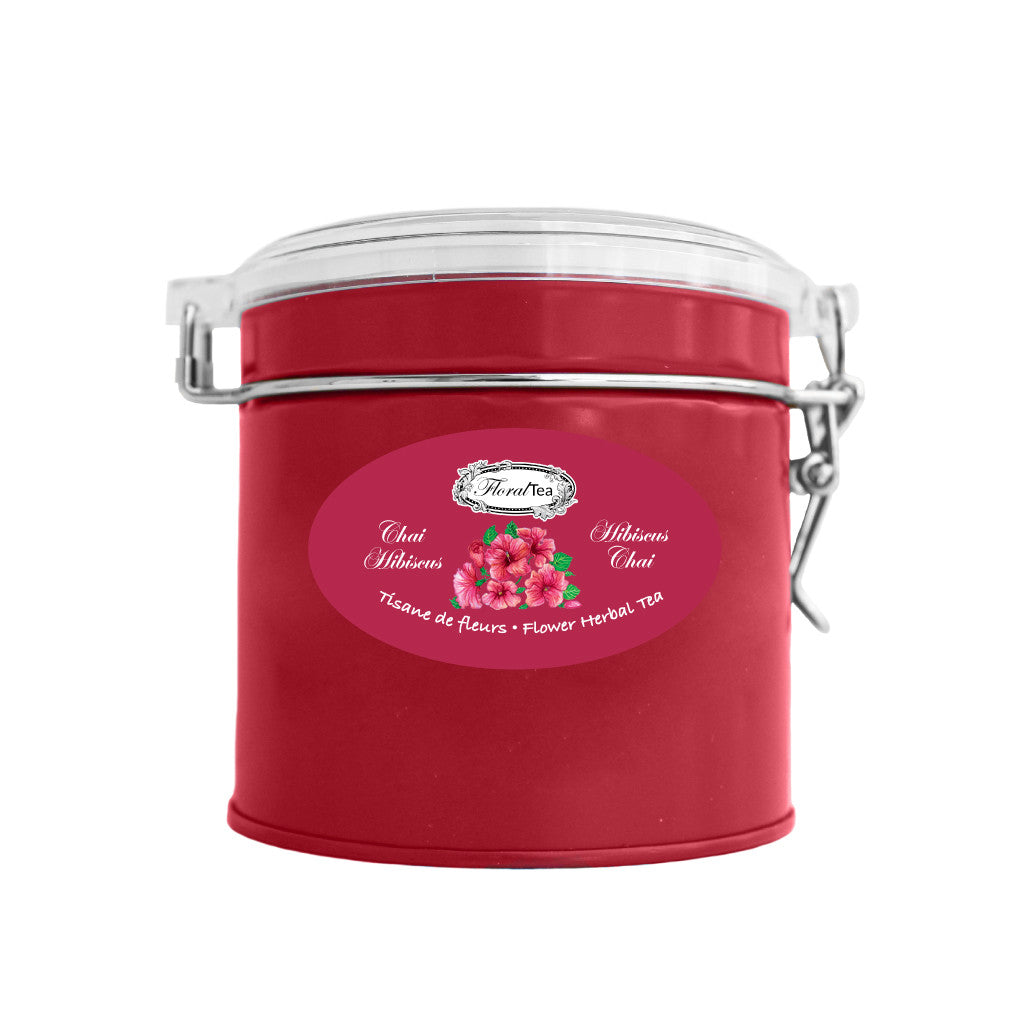 Boîte de vrac réutilisable du mélange de tisane de fleurs chai hibiscus de Les thés FloralTea gourmet et santé fait à la main au Québec avec plantes médicinales pour réduire la pression artérielle, aider à la perte de poids, la digestion, l’immunité et la relaxation. Végétalien, ingrédients naturels, biologique ou sauvages, sans caféine.