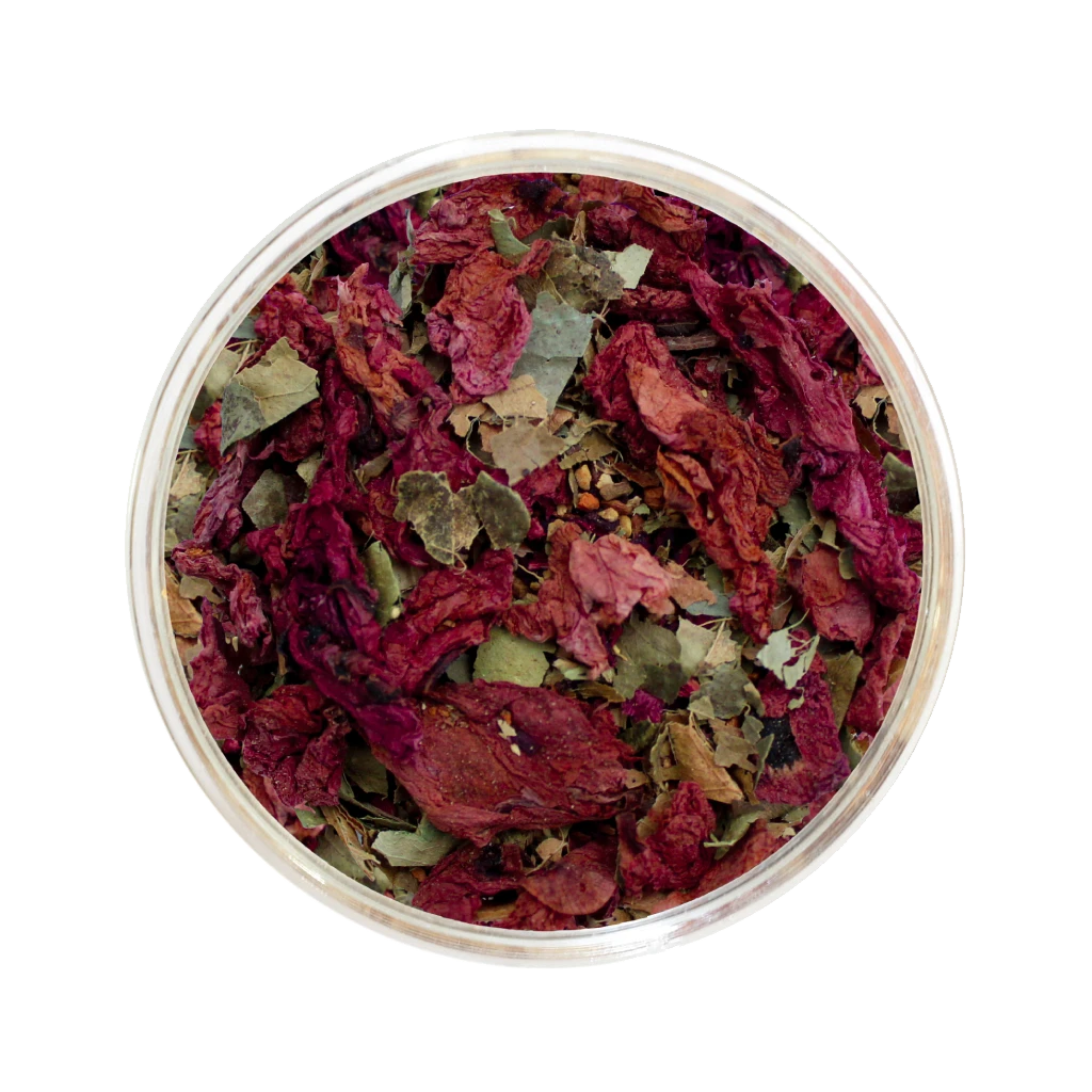 Mélange de tisane de fleurs chai hibiscus de Les thés FloralTea gourmet et santé fait à la main au Québec avec plantes médicinales pour réduire la pression artérielle, aider à la perte de poids, la digestion, l’immunité et la relaxation. Végétalien, ingrédients naturels, biologique ou sauvages,, vrac ou sachet compostable.