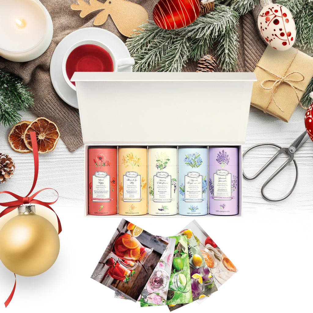 Coffret de 5 tubes de tisanes en vrac à choisir+cartes de recettes assorties