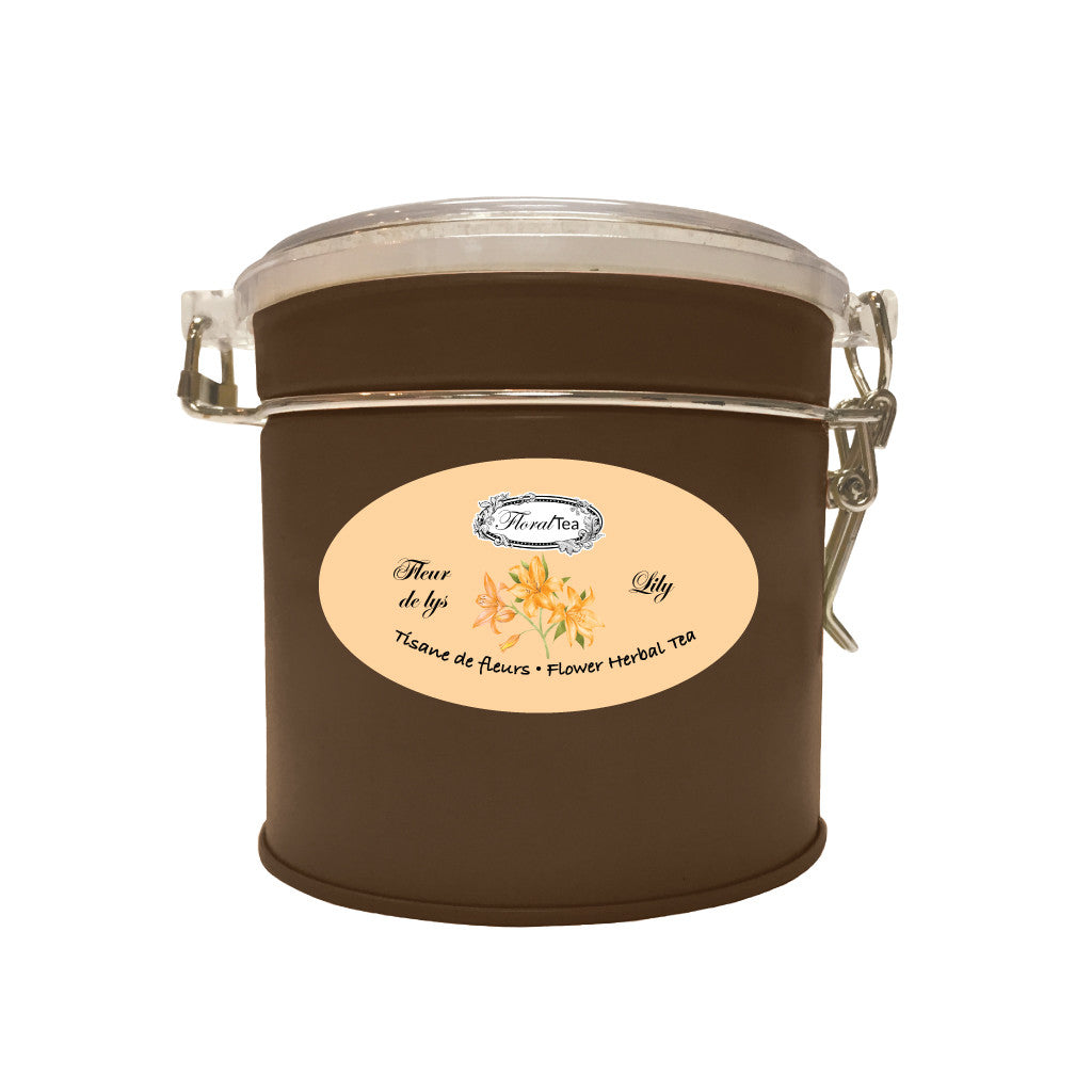 Boîte de vrac réutilisable du mélange de tisane de fleur de lys de Les thés FloralTea gourmet et santé fait à la main au Québec avec des plantes médicinales pour accroitre énergie, performance et endurance, tant physique que mentale, permettant de lutter contre les coups de fatigue et de booster la vitalité. Végétalien, ingrédients naturels, biologiques ou sauvages, sans caféine.