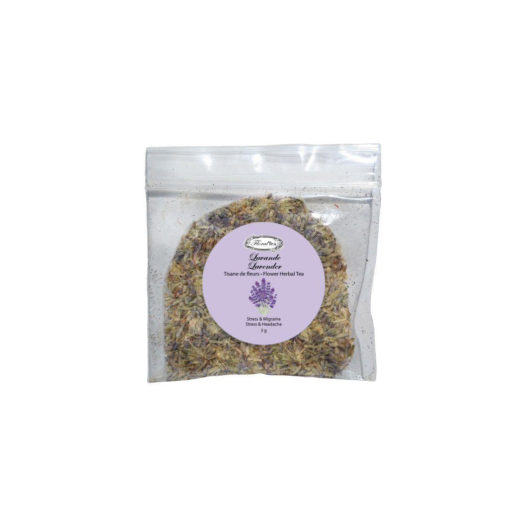 Sac échantillon compostable du mélange de tisane de lavande de Les thés FloralTea gourmet et santé fait à la main au Québec avec des plantes médicinales pour aider à soulager le stress et à calmer tension, irritabilité et migraine d’origine nerveuse. Végétalien, ingrédients naturels, biologiques ou sauvages, sans caféine.