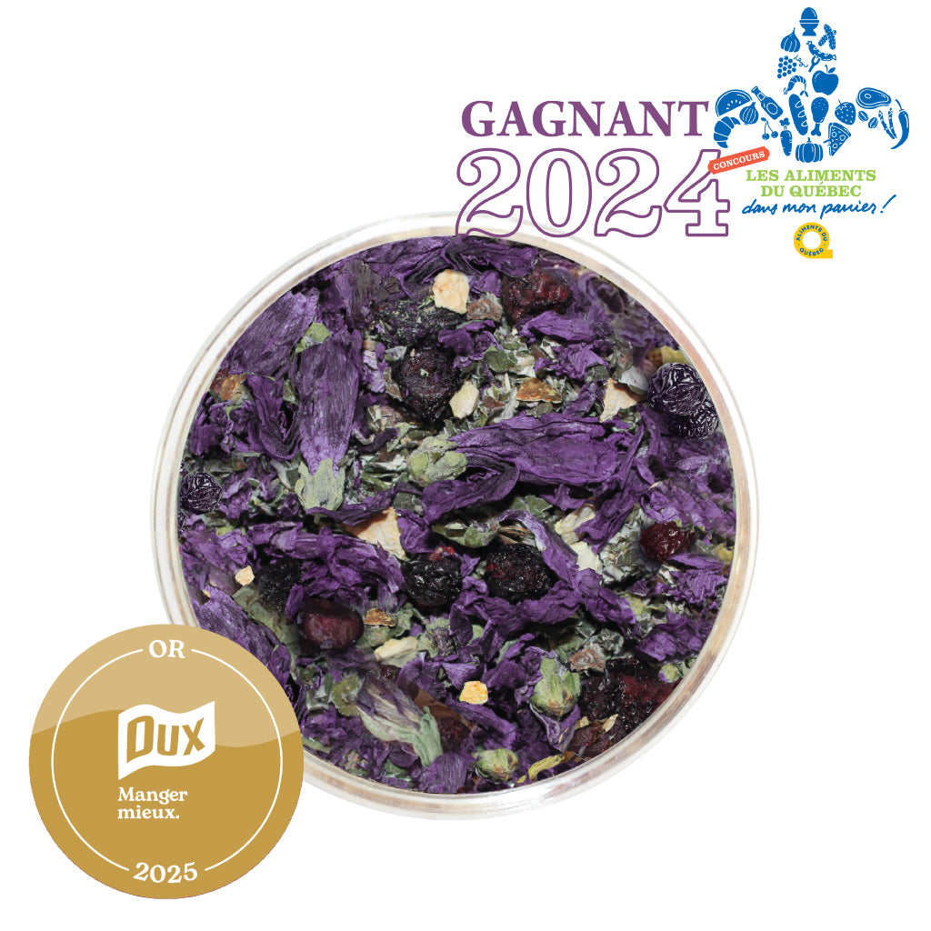 Mélange de tisane de Mauve des bois de Les thés FloralTea gourmet et santé fait à la main au Québec avec plantes médicinales aux bienfaits anti-inflammatoire et antioxydant. Végétalien, ingrédients naturels, biologiques ou sauvages, vrac ou sachet compostable.
