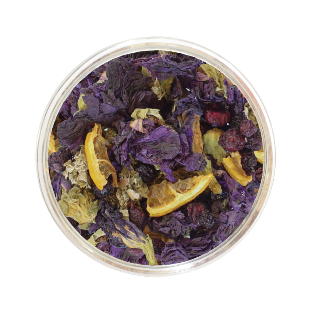 Mélange de tisane de Mauve des bois de Les thés FloralTea gourmet et santé fait à la main au Québec avec plantes médicinales aux bienfaits anti-inflammatoire et antioxydant. Végétalien, ingrédients naturels, biologiques ou sauvages, vrac ou sachet compostable.