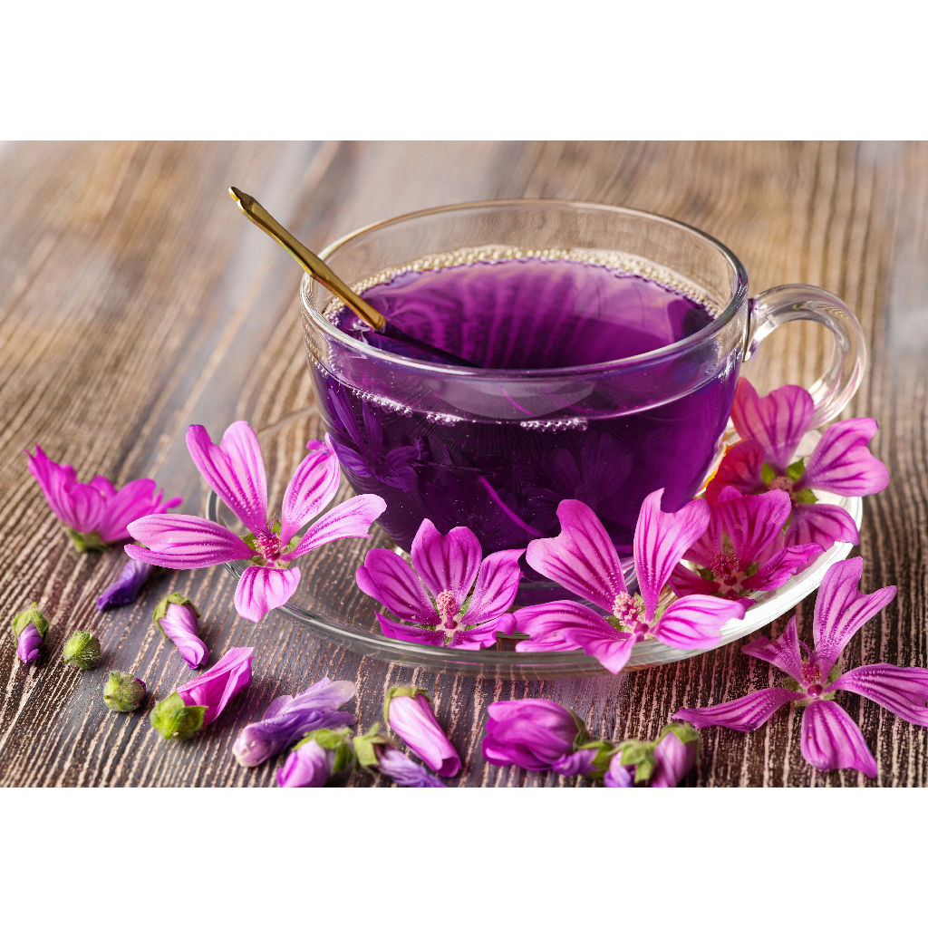 Infusion colorée naturellement de tisane de Mauve des bois de Les thés FloralTea gourmet et santé fait à la main au Québec avec plantes médicinales aux bienfaits anti-inflammatoire et antioxydant. Végétalien, ingrédients naturels, biologiques ou sauvages, vrac ou sachet compostable.