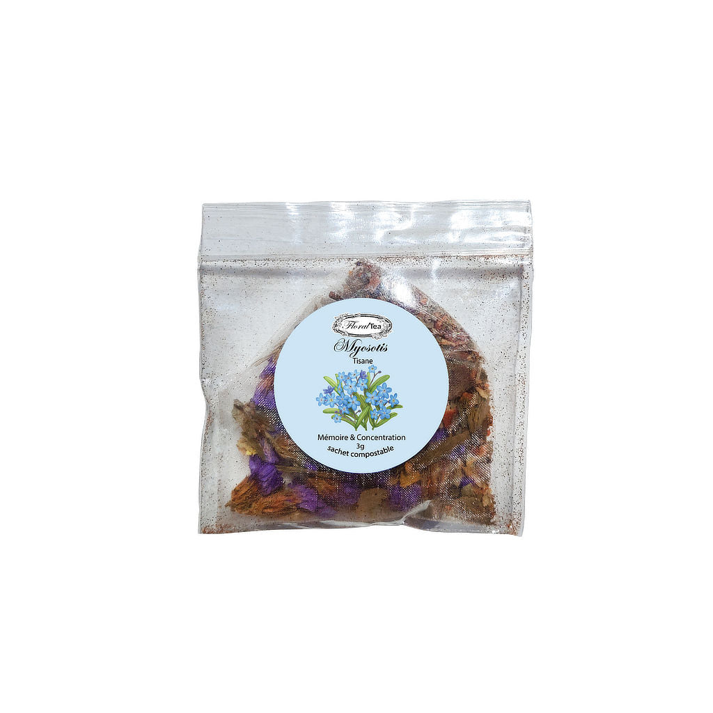 Sachet échantillon compostable du mélange de tisane de Myosotis de Les thés FloralTea gourmet et santé fait à la main au Québec avec plantes médicinales pour aider la mémoire et la concentration. Végétalien, ingrédients naturels, biologique ou sauvages, sans caféine.