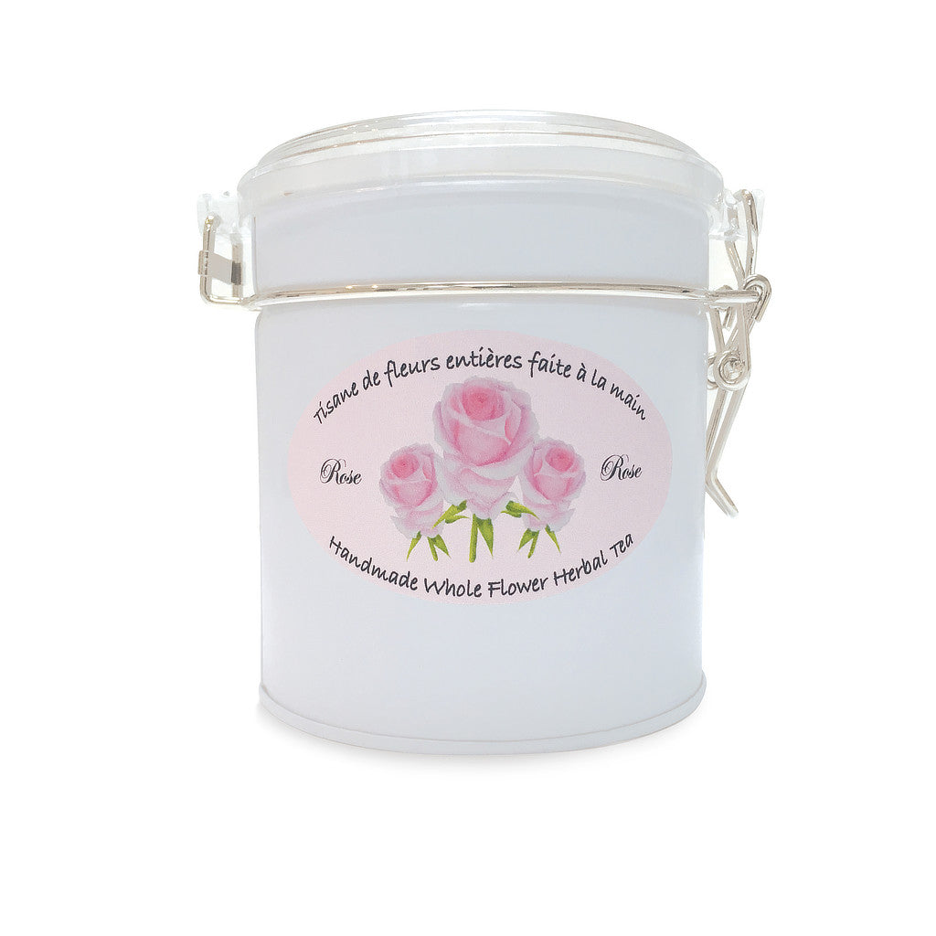 Boîte de vrac réutilisable du mélange de tisane de fleurs de Rose de Les thés FloralTea gourmet et santé fait à la main au Québec avec plantes médicinales pour les soins de la peau (acné, eczéma, rides…), des sautes d’humeur, bouffées de chaleur et règles douloureuses. Végétalien, ingrédients naturels, biologique ou sauvages, sans caféine. Autre version.