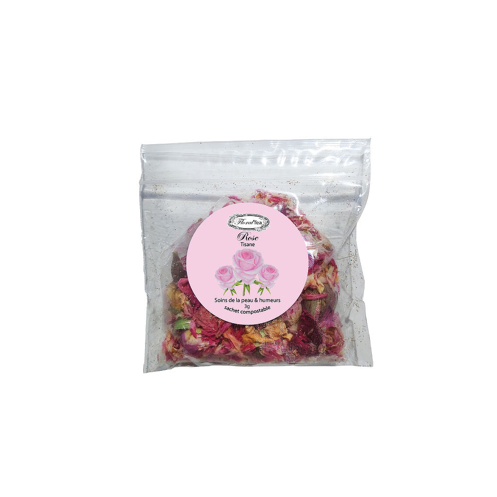 Sachet échantillon compostable du mélange de tisane de fleurs de Rose de Les thés FloralTea gourmet et santé fait à la main au Québec avec plantes médicinales pour les soins de la peau (acné, eczéma, rides…), des sautes d’humeur, bouffées de chaleur et règles douloureuses. Végétalien, ingrédients naturels, biologique ou sauvages, sans caféine.