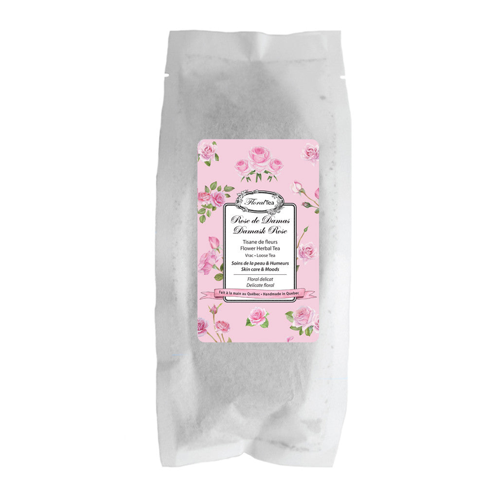 Sac de recharge de vrac biodégradable du mélange de tisane de fleurs de Rose de Les thés FloralTea gourmet et santé fait à la main au Québec avec plantes médicinales pour les soins de la peau (acné, eczéma, rides…), des sautes d’humeur, bouffées de chaleur et règles douloureuses. Végétalien, ingrédients naturels, biologique ou sauvages, sans caféine.