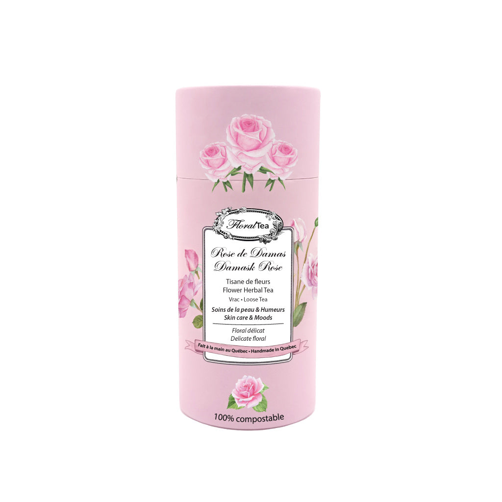 Tube de vrac compostable du mélange de tisane de fleurs de Rose de Les thés FloralTea gourmet et santé fait à la main au Québec avec plantes médicinales pour les soins de la peau (acné, eczéma, rides…), des sautes d’humeur, bouffées de chaleur et règles douloureuses. Végétalien, ingrédients naturels, biologique ou sauvages, sans caféine.