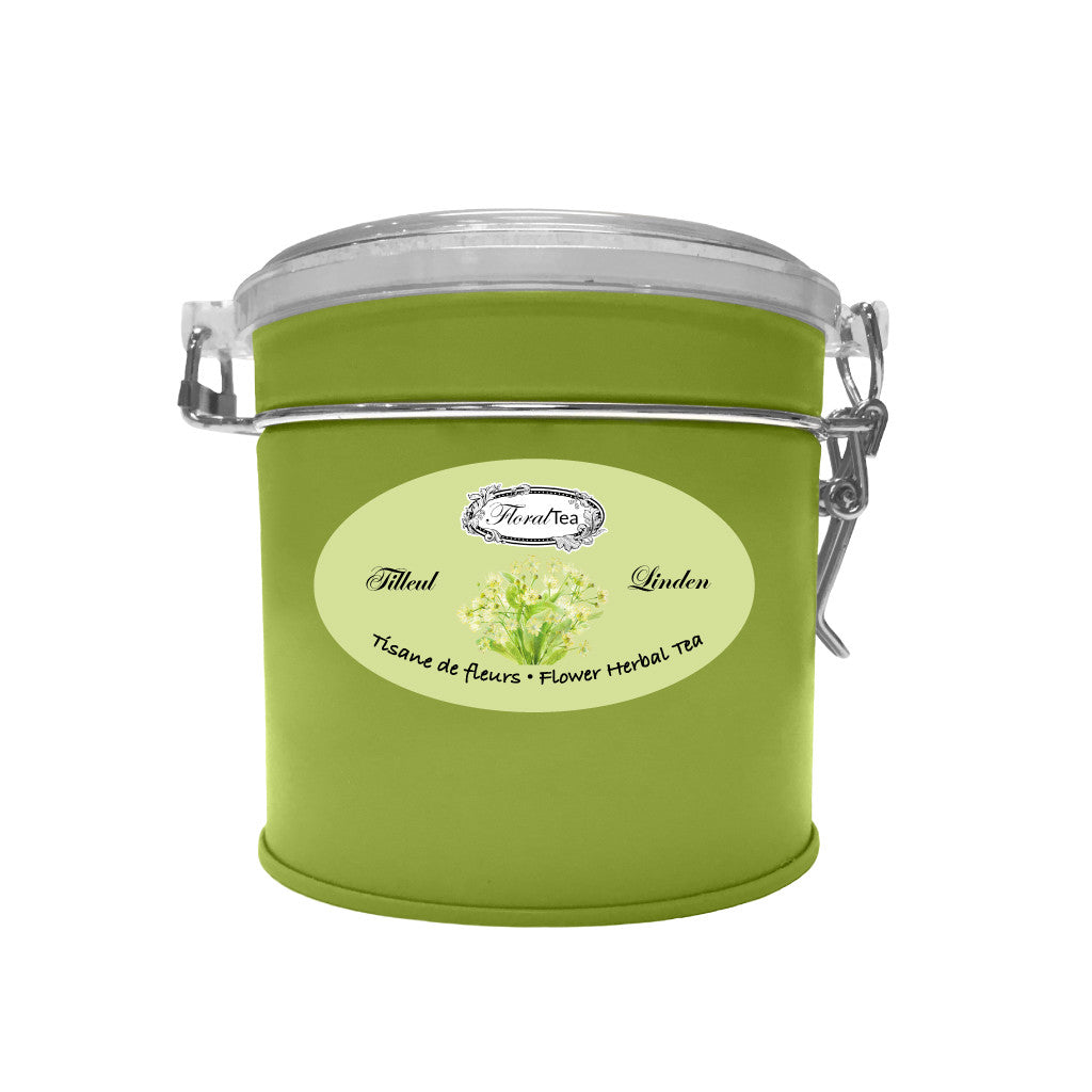 Boîte de vrac réutilisable du mélange de tisane de Tilleul de Les thés FloralTea gourmet et santé fait à la main au Québec avec plantes médicinales pour leurs vertus digestives et relaxantes, aidant à réduire le stress, l’anxiété et la pression artérielle. Végétalien, ingrédients naturels, biologique ou sauvages, sans caféine.