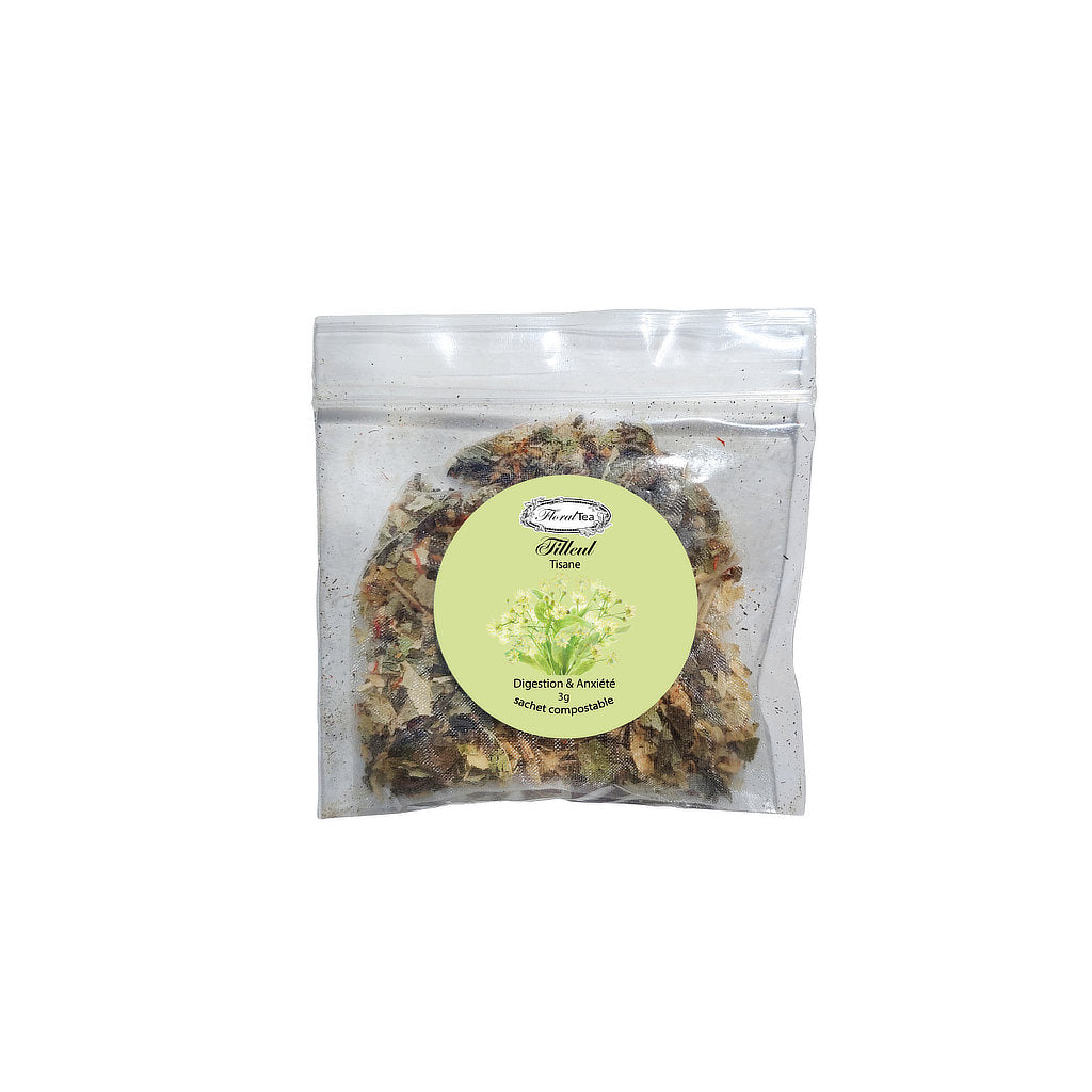 Sachet échantillon compostable du mélange de tisane de Tilleul de Les thés FloralTea gourmet et santé fait à la main au Québec avec plantes médicinales pour leurs vertus digestives et relaxantes, aidant à réduire le stress, l’anxiété et la pression artérielle. Végétalien, ingrédients naturels, biologique ou sauvages, sans caféine.