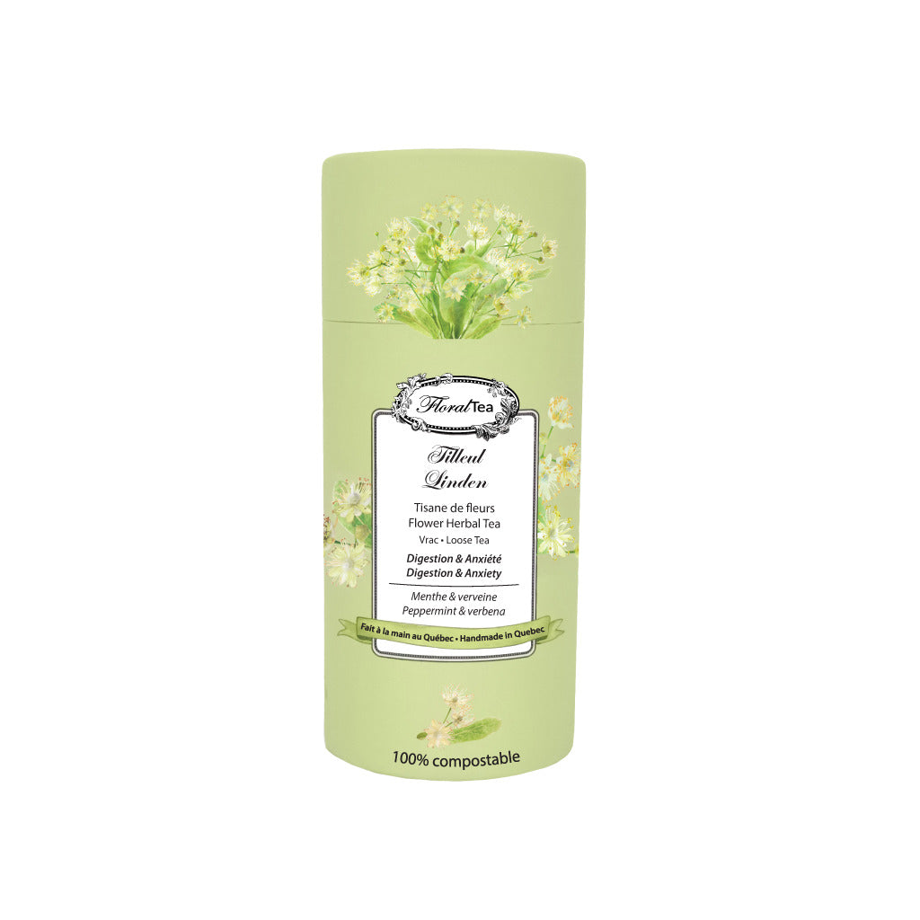 Tube de vrac compostable du mélange de tisane de Tilleul de Les thés FloralTea gourmet et santé fait à la main au Québec avec plantes médicinales pour leurs vertus digestives et relaxantes, aidant à réduire le stress, l’anxiété et la pression artérielle. Végétalien, ingrédients naturels, biologique ou sauvages, sans caféine.