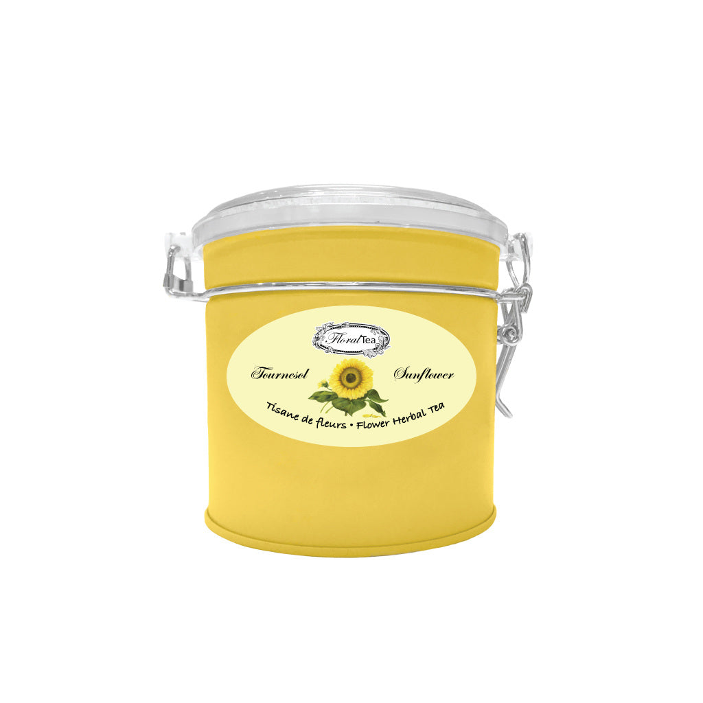 Boîte de vrac réutilisable du mélange de tisane de fleur de Tournesol de Les thés FloralTea gourmet et santé fait à la main au Québec avec plantes médicinales pour assainir le foie et la vésicule biliaire. Végétalien, ingrédients naturels, biologique ou sauvages, sans caféine.