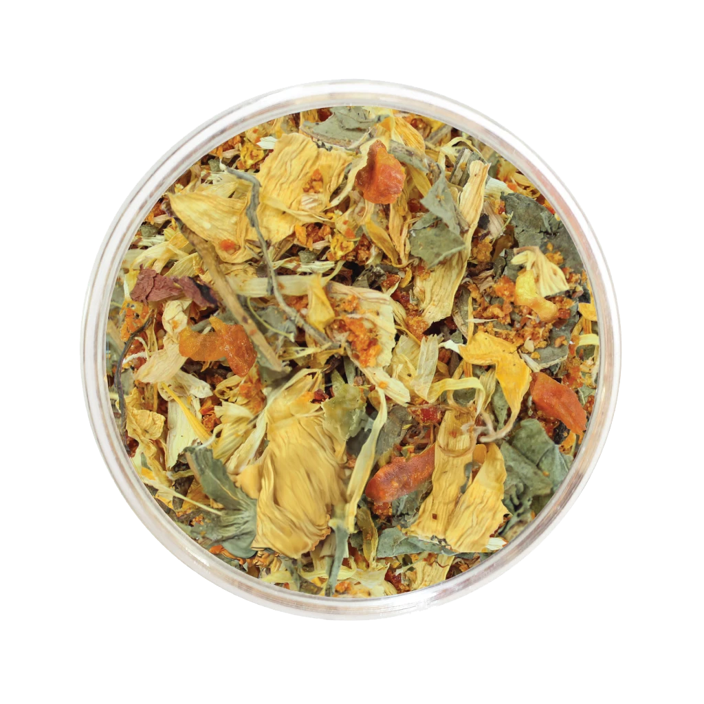 Mélange de tisane de fleur de Tournesol de Les thés FloralTea gourmet et santé fait à la main au Québec avec plantes médicinales pour assainir le foie et la vésicule biliaire. Végétalien, ingrédients naturels, biologiques ou sauvages, vrac ou sachet compostable.