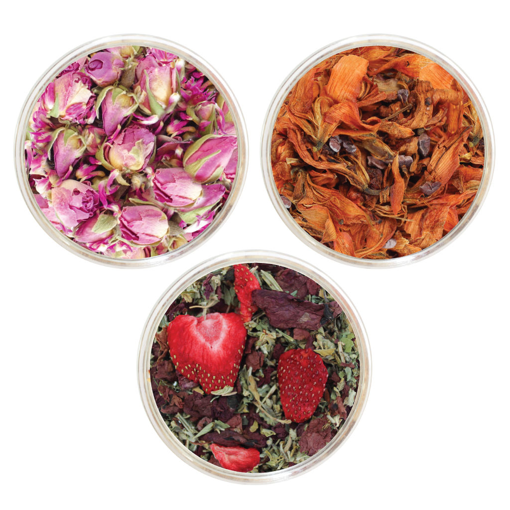 Trio Romance - Les thés FloralTea - Bols de Rose de Damas, Pavot et Fleur de Lys - le parfait cadeau de la Saint-Valentin