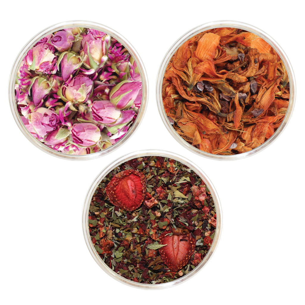 Trio Romance - Les thés FloralTea - Bols de Rose de Damas, Pavot et Fleur de Lys - le parfait cadeau de la Saint-Valentin