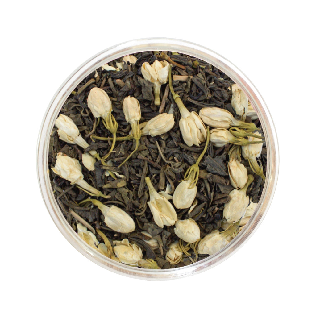 Mélange de tisane de fleurs de thé vert au jasmin de Les thés FloralTea gourmet et santé fait à la main au Québec avec plantes médicinales pour aider à la relaxation et hautes en antioxydant. Végétalien, ingrédients naturels, biologique ou sauvages,, vrac ou sachet compostable.