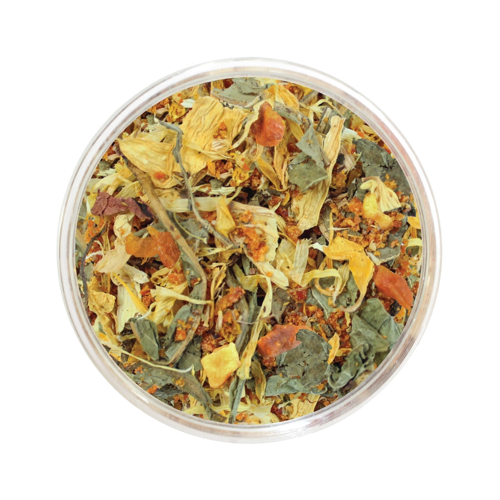 Mélange de tisane de fleur de Tournesol de Les thés FloralTea gourmet et santé fait à la main au Québec avec plantes médicinales pour assainir le foie et la vésicule biliaire. Végétalien, ingrédients naturels, biologiques ou sauvages, vrac ou sachet compostable.