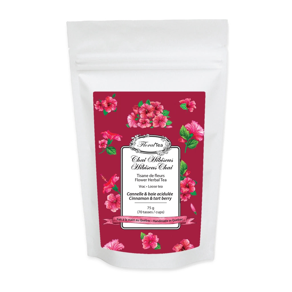 Sac de recharge de vrac du mélange de tisane de fleurs chai hibiscus de Les thés FloralTea gourmet et santé fait à la main au Québec avec plantes médicinales pour réduire la pression artérielle, aider à la perte de poids, la digestion, l’immunité et la relaxation. Végétalien, ingrédients naturels, biologique ou sauvages, sans caféine.