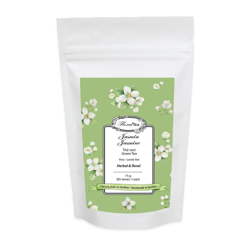 Sac de recharge de vrac du mélange de tisane de thé vert au jasmin de Les thés FloralTea gourmet et santé fait à la main au Québec avec plantes médicinales pour aider à la relaxation et hautes en antioxydant. Végétalien, ingrédients naturels, biologique ou sauvages, sans caféine.