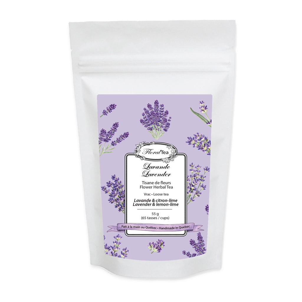 Sac de recharge de vrac du mélange de tisane de lavande de Les thés FloralTea gourmet et santé fait à la main au Québec avec des plantes médicinales pour aider à soulager le stress et à calmer tension, irritabilité et migraine d’origine nerveuse. Végétalien, ingrédients naturels, biologiques ou sauvages, sans caféine.