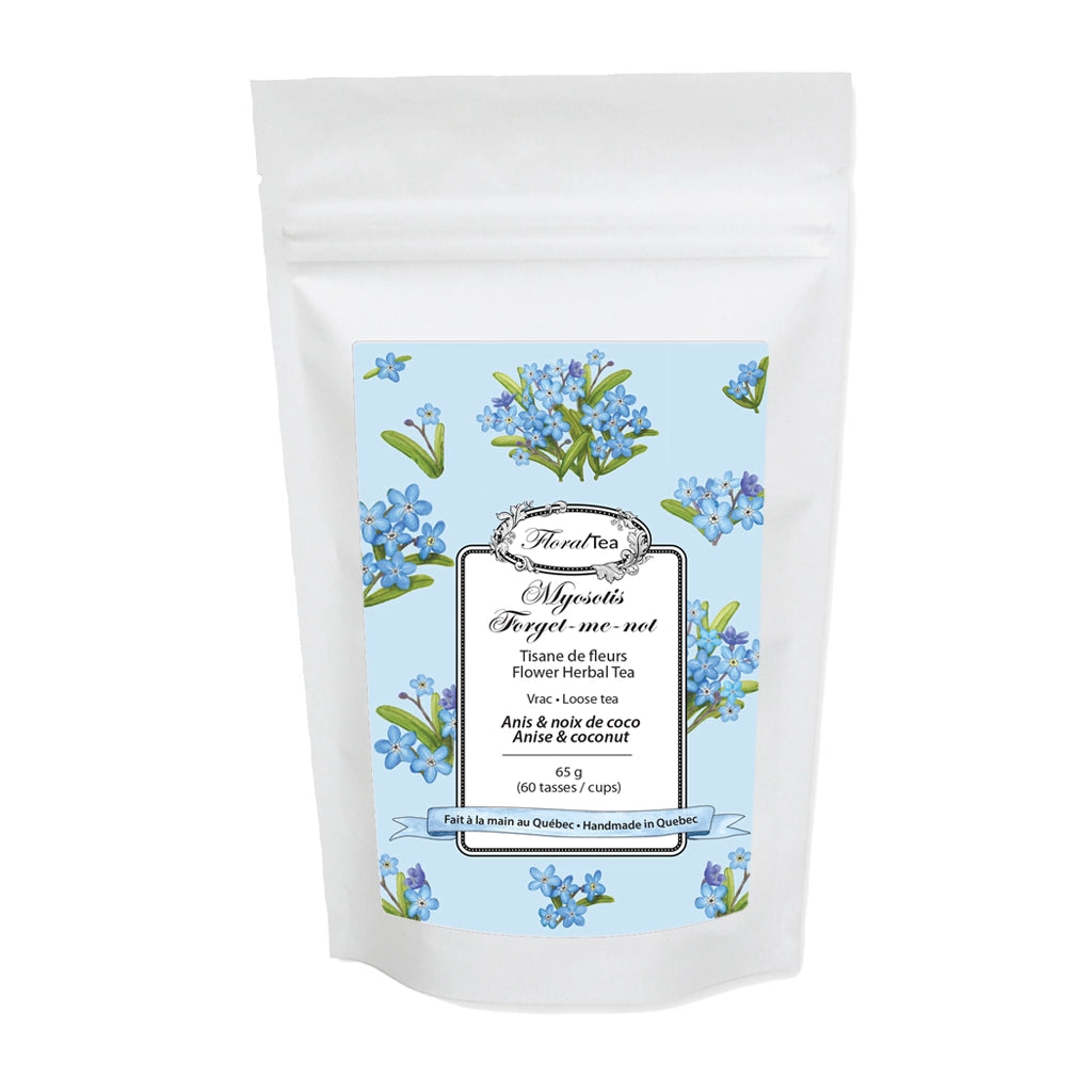 Sac de recharge de vrac du mélange de tisane de Myosotis de Les thés FloralTea gourmet et santé fait à la main au Québec avec plantes médicinales pour aider la mémoire et la concentration. Végétalien, ingrédients naturels, biologique ou sauvages, sans caféine.