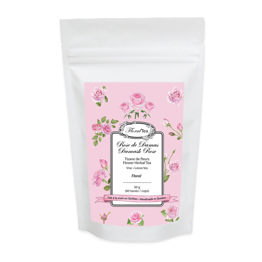 Sac de recharge de vrac du mélange de tisane de fleurs de Rose de Les thés FloralTea gourmet et santé fait à la main au Québec avec plantes médicinales pour les soins de la peau (acné, eczéma, rides…), des sautes d’humeur, bouffées de chaleur et règles douloureuses. Végétalien, ingrédients naturels, biologique ou sauvages, sans caféine.