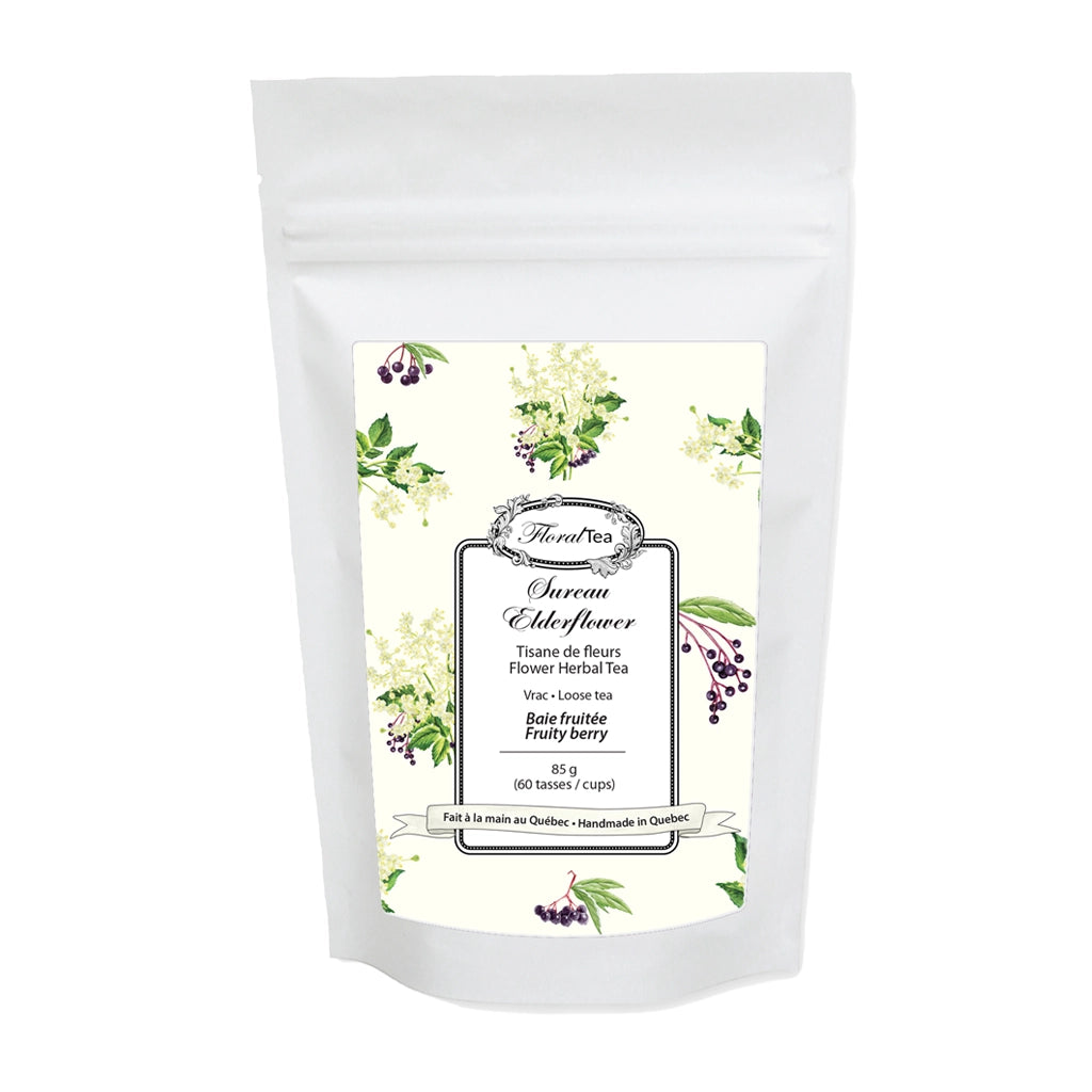 Sac de recharge de vrac du mélange de tisane de sureau de Les thés FloralTea gourmet et santé fait à la main au Québec avec des plantes médicinales pour aider à renforcer le système immunitaire, soulager les symptômes du rhume et de la grippe et des douleurs articulaires. Végétalien, ingrédients naturels, biologiques ou sauvages, sans caféine.