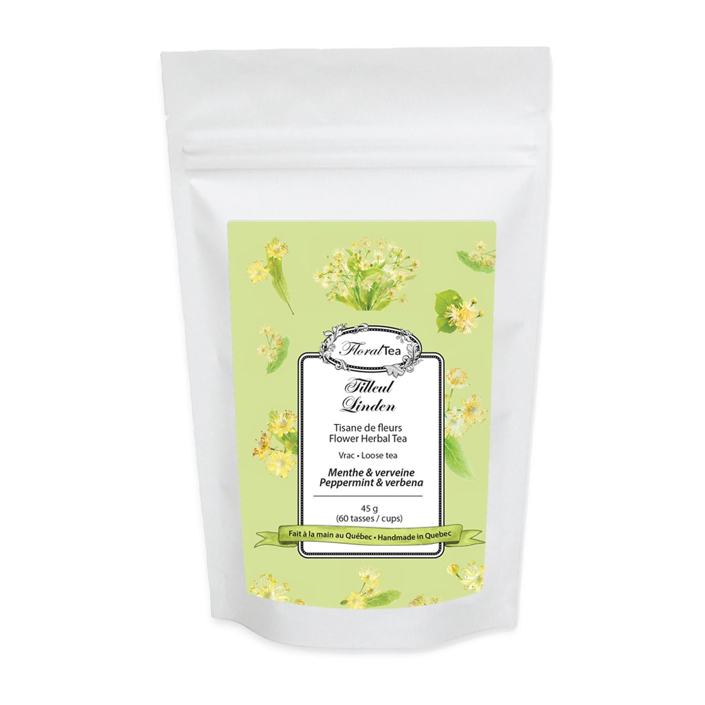 Sac de recharge de vrac du mélange de tisane de Tilleul de Les thés FloralTea gourmet et santé fait à la main au Québec avec plantes médicinales pour leurs vertus digestives et relaxantes, aidant à réduire le stress, l’anxiété et la pression artérielle. Végétalien, ingrédients naturels, biologique ou sauvages, sans caféine.