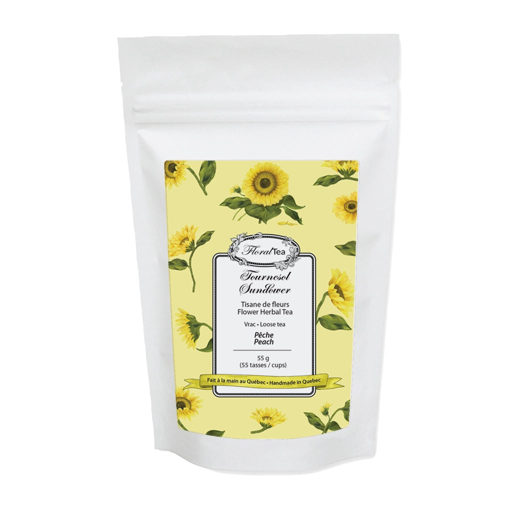 Sac de recharge de vrac du mélange de tisane de fleur de Tournesol de Les thés FloralTea gourmet et santé fait à la main au Québec avec plantes médicinales pour assainir le foie et la vésicule biliaire. Végétalien, ingrédients naturels, biologique ou sauvages, sans caféine.