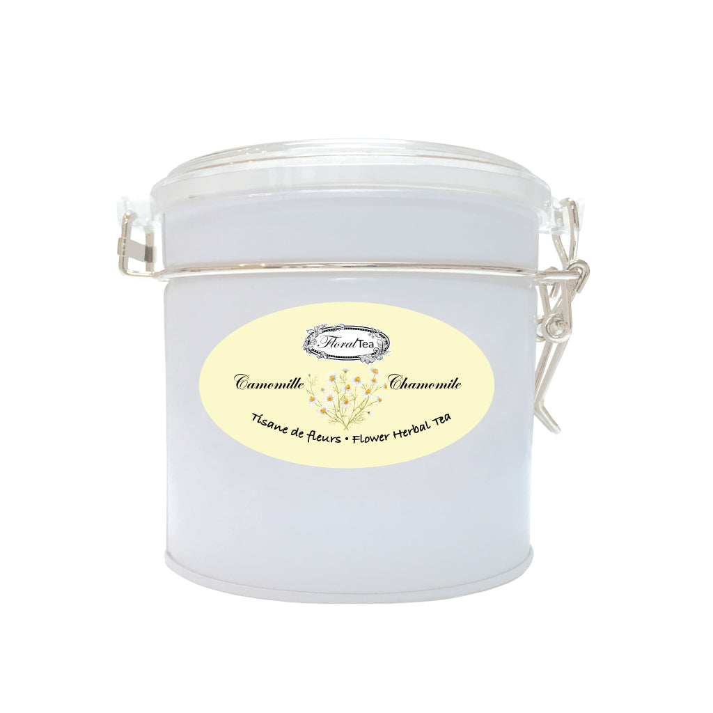 Boîte de vrac réutilisable du mélange de tisane de camomille de Les thés FloralTea gourmet et santé fait à la main au Québec avec des plantes médicinales digestives et calmantes, prédisposant au sommeil. Végétalien, ingrédients naturels, biologiques ou sauvages, sans caféine.